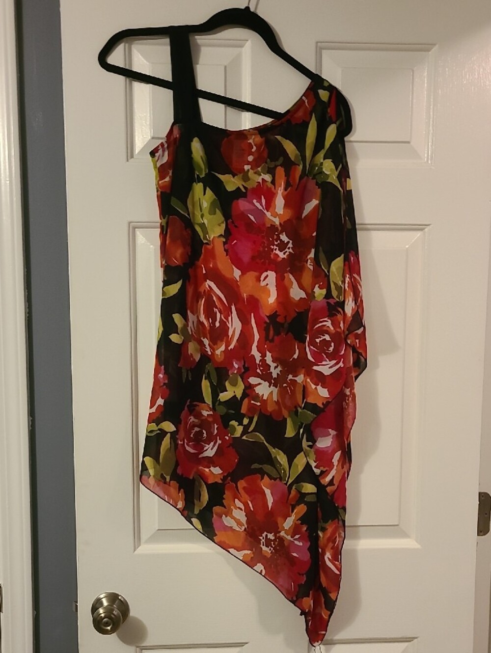Floral One-Shoulder Swim Coverup in Black with Red & Orange Blooms - Picture 2 of 2